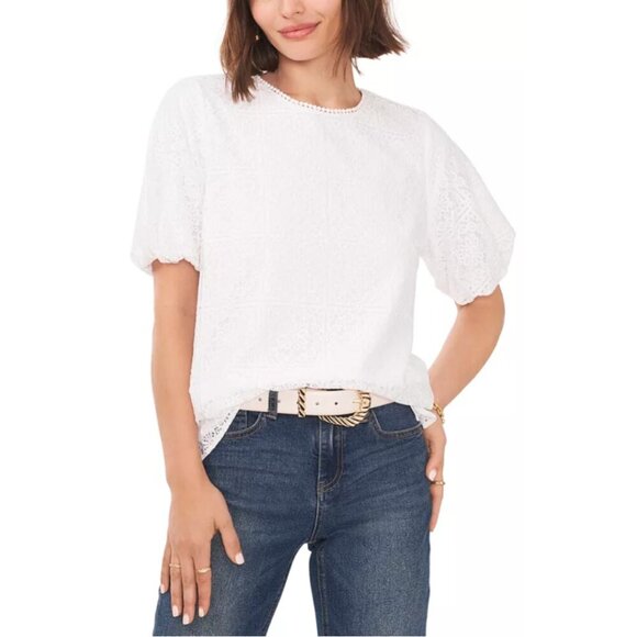 Vince Camuto Puff Sleeve Lace Textured Blouse Women's Small White Layered Boho - Picture 1 of 12